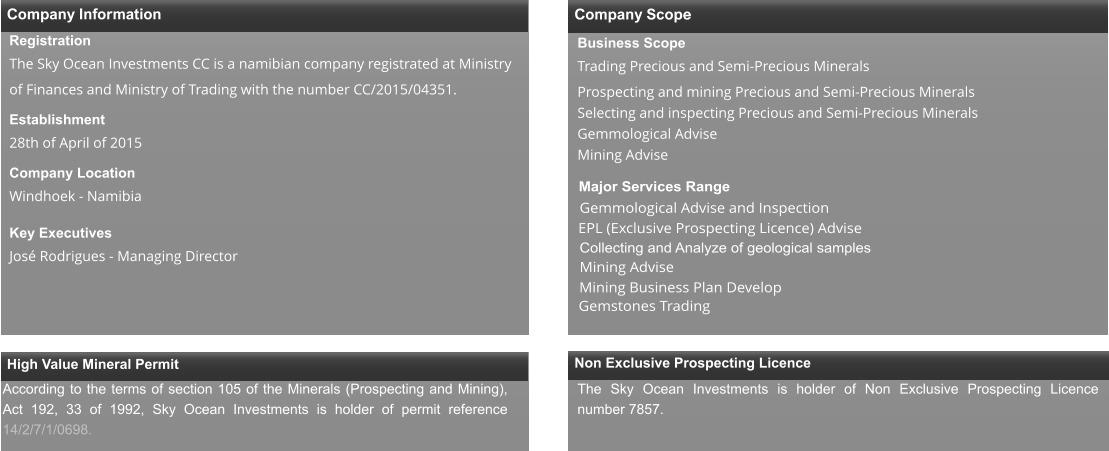 Company Information Company Scope Non Exclusive Prospecting Licence High Value Mineral Permit Registration The Sky Ocean Investments CC is a namibian company registrated at Ministry of Finances and Ministry of Trading with the number CC/2015/04351. Establishment  28th of April of 2015  Company Location  Windhoek - Namibia  Key Executives  José Rodrigues - Managing Director   Business Scope   Trading Precious and Semi-Precious Minerals Prospecting and mining Precious and Semi-Precious Minerals Selecting and inspecting Precious and Semi-Precious Minerals  Gemmological Advise Mining Advise  Major Services Range  Gemmological Advise and Inspection  EPL (Exclusive Prospecting Licence) Advise   Collecting and Analyze of geological samples  Mining Advise  Gemstones Trading  Mining Business Plan Develop  According to the terms of section 105 of the Minerals (Prospecting and Mining), Act 192, 33 of 1992, Sky Ocean Investments is holder of permit reference 14/2/7/1/0698.  The Sky Ocean Investments is holder of Non Exclusive Prospecting Licence number 7857.